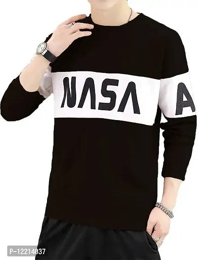 LEWEL Men's Stylish Colorblock Printed Full Sleeve T-Shirt (Black; Large)