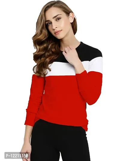 LEWEL Women's Cotton Colorblock Full Sleeve T-Shirt (Black, White, Red) X-Large