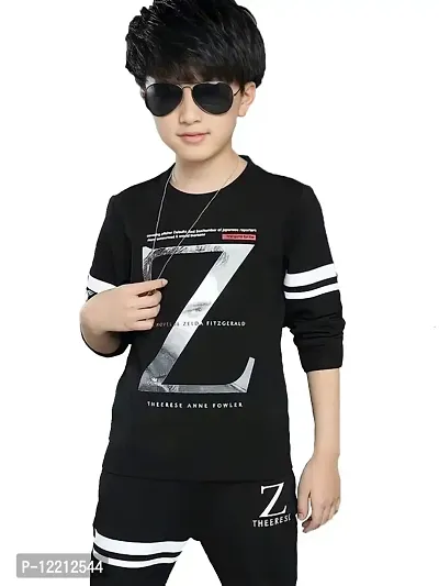 LEWEL Boy's Stylish Printed Full Sleeve T-Shirt (Black, 15-16 Years)