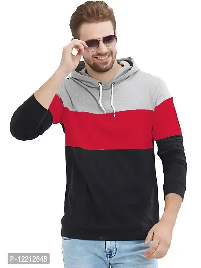LEWEL Men's Classic Fit Hooded T-shirt (49GRB-S_Grey, Red & Black_Small)