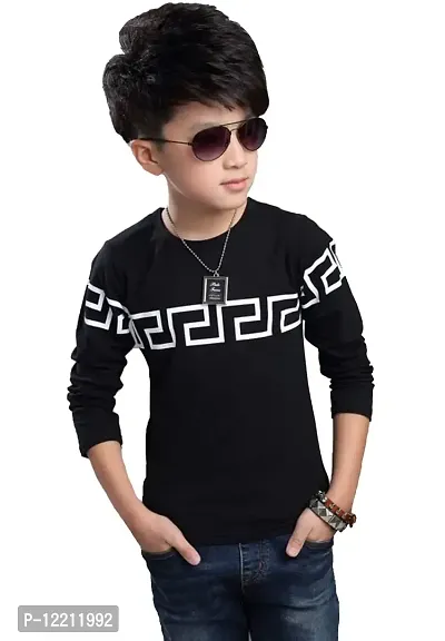 LEWEL Boy's Round Neck Printed Full Sleeve T-Shirt Black