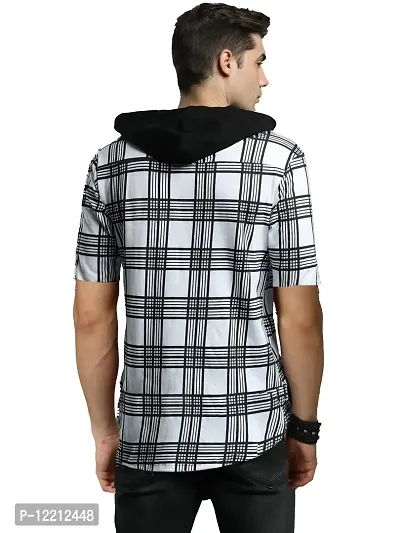 LEWEL Men's Hooded Stylish Checkered Half Sleeve Shirt (White, Small)-thumb2