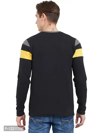 LEWEL Men's Colorblock Full Sleeve T-Shirts (Grey, Black, Yellow) Small-thumb2