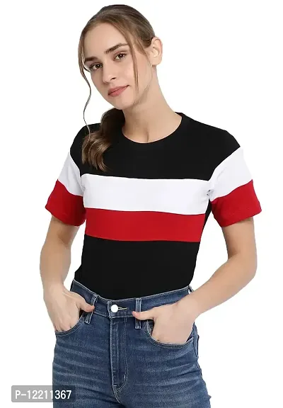 LEWEL Women Stylish Cotton Colorblock T-Shirt : Red, White, Black (Medium)