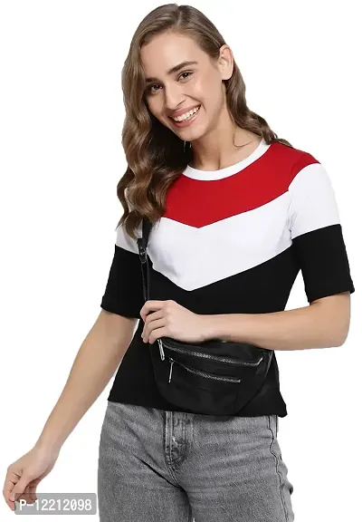 LEWEL Women Stylish Cotton Colorblock T-Shirt : Red, White, Black (Small)