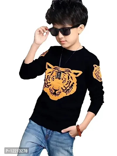 LEWEL Boy's Stylish Animal Printed Full Sleeve T-Shirt (Black, 8-9 Years)