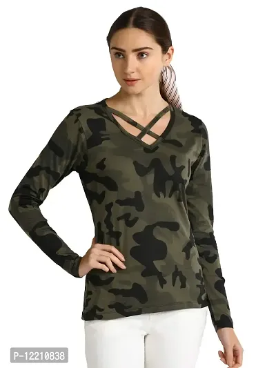LEWEL Women's Cotton V Neck Camouflage T-Shirt (Small)