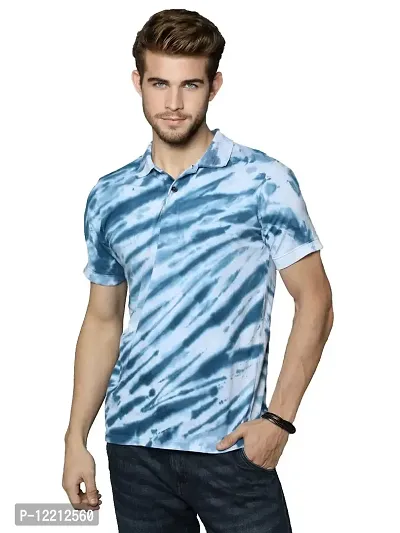 LEWEL Men's Stylish Cotton Tie & Dye Half Sleeve Polo T-Shirt (White, Blue) Medium-thumb0