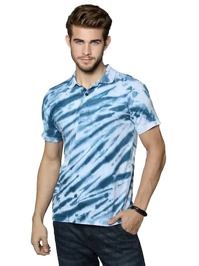 LEWEL Men's Stylish Tie & Dye Half Sleeve Polo T-Shirt (White, Blue) Medium