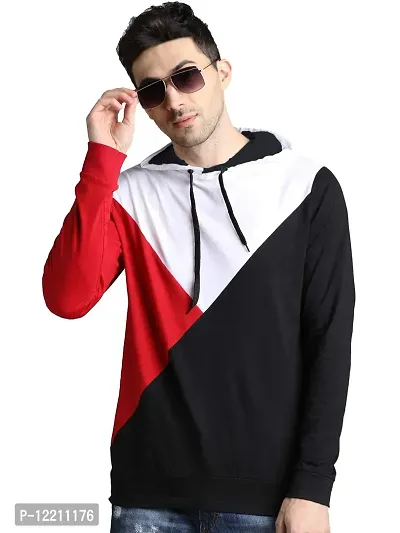 LEWEL Men's Hooded Full Sleeve Colourblock T-Shirt (Red, White, Black, Small)