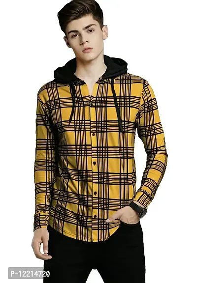 LEWEL Boy's Hooded Buttoned Down Checkered T-Shirt (Yellow, 8-9 Years)