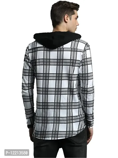 LEWEL Men's Stylish Hooded Neck Checked Buttoned Down T-Shirt (White, Black) X-Large-thumb2