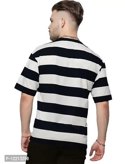 LEWEL Men's Stylish Three Fourth Sleeve Striped Boxy Fit T-Shirt (Black, White; Small)-thumb2