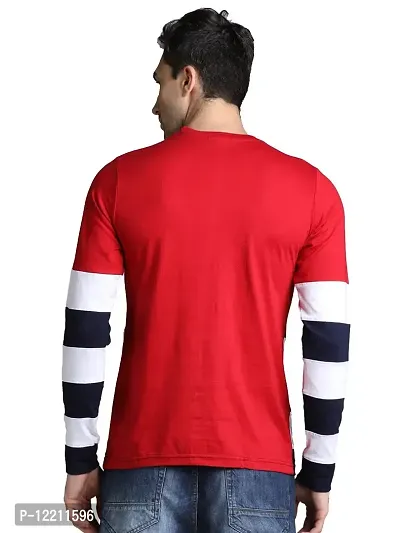 LEWEL Men Cotton Round Neck Full Sleeve Color Blocked T-Shirt (Red, White, Navy) X-Large-thumb3