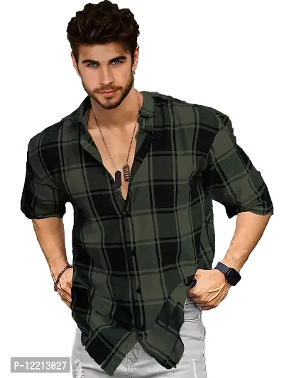 LEWEL Men's Collared Neck Stylish Checkered Boxy T-Shirt (Olive, Small)-thumb0