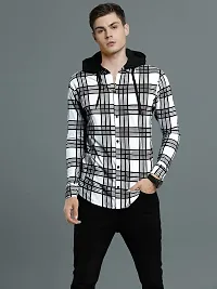 LEWEL Men's Hooded Stylish Checkered Full Sleeve Shirt (White, Large)-thumb3