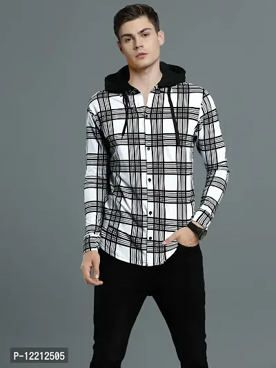 LEWEL Men's Hooded Stylish Checkered Full Sleeve Shirt (White, Large)-thumb4