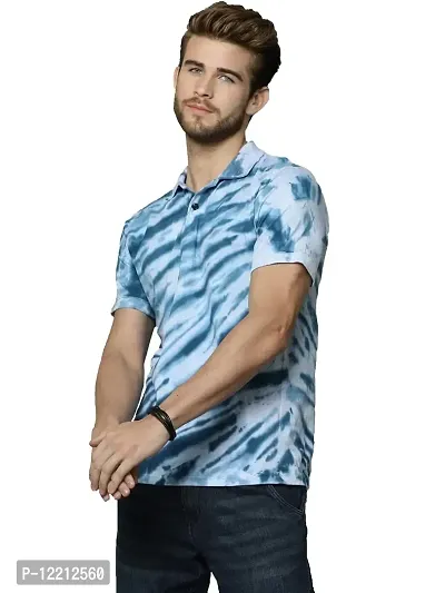 LEWEL Men's Stylish Cotton Tie & Dye Half Sleeve Polo T-Shirt (White, Blue) Medium-thumb2