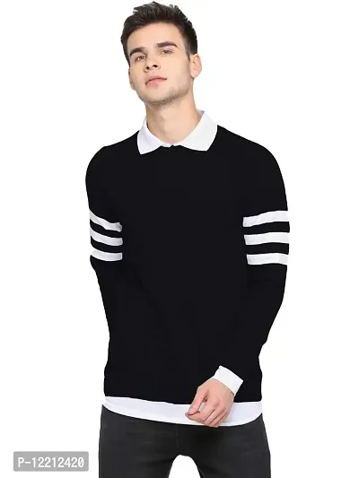 LEWEL Men's Cotton Collared Neck Self Design T-Shirt - Black (Small)