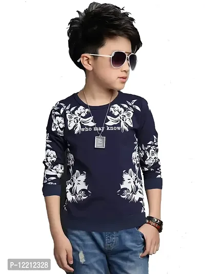 LEWEL Boy's Round Neck Floral Printed Full Sleeve T-Shirt (Navy, 4-5 Years)