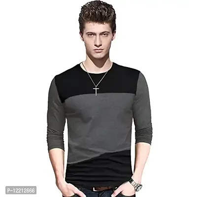 LEWEL Men's Regular Fit T-Shirt (LEWEL07M_Black & Grey_Medium)-thumb0