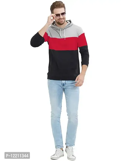 LEWEL Men's Classic Fit Hooded T-shirt (49GRB-M_Grey, Red & Black_M)-thumb4