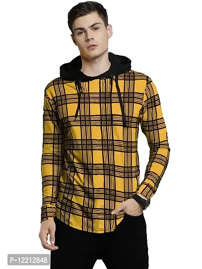 LEWEL Men's Stylish Cotton Hooded Neck Checked T-Shirt (Yellow, Black) Small