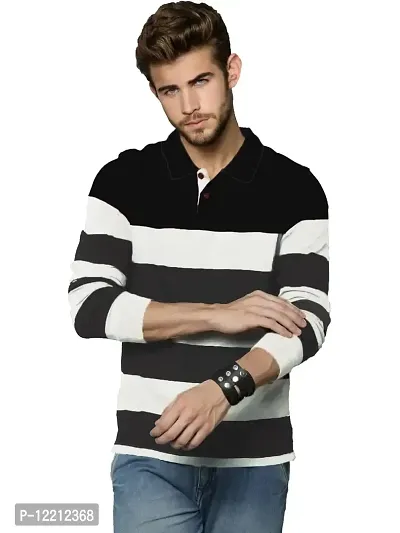 LEWEL Men's Stylish Cotton Striped Polo Neck T-Shirt (White, Black; Small)-thumb0