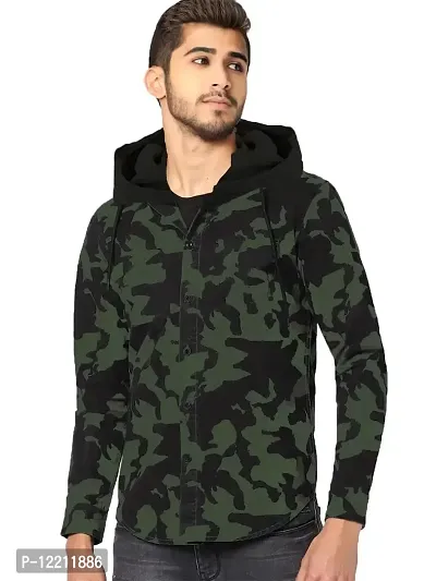 LEWEL Men's Stylish Hooded Camouflage Buttoned Down T-Shirt (Olive Green; Medium)