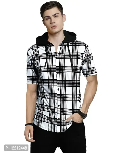 LEWEL Men's Hooded Stylish Checkered Half Sleeve Shirt (White, Small)-thumb0