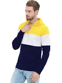 LEWEL Men's Stylish Colorblock Hooded Full Sleeve T-Shirts (Yellow, White,Blue)-thumb2