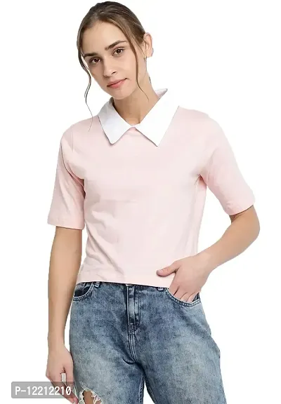 LEWEL Women Stylish Cropped Length Solid Collared T-Shirt : Pink (Medium)