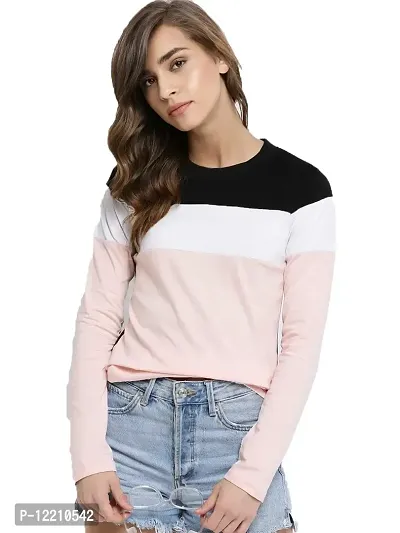 LEWEL Women's Cotton Colorblock Full Sleeve T-Shirt (Black, White, Pink) Medium