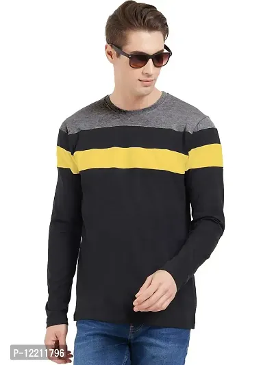 LEWEL Men's Colorblock Full Sleeve T-Shirts (Grey, Black, Yellow) Small-thumb0