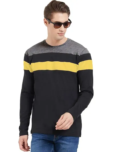 LEWEL Men's Colorblock Full Sleeve T-Shirts (Grey, Black, Yellow)