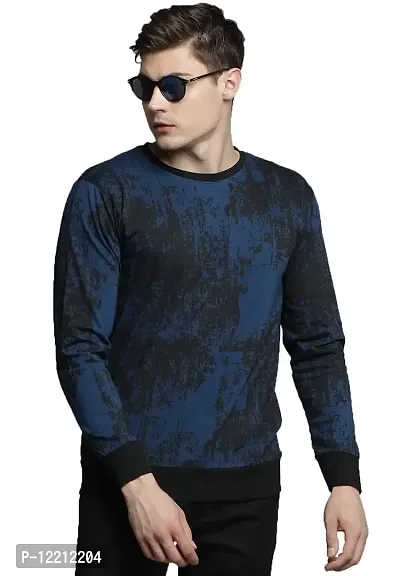 LEWEL Men's Cotton Round Neck Stylish Full Sleeve Printed T-Shirt, Navy Blue (Small)