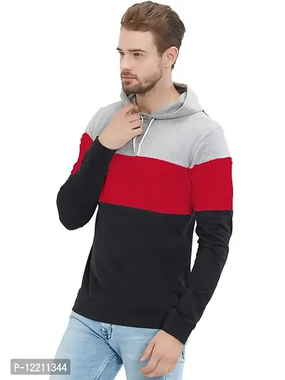 LEWEL Men's Classic Fit Hooded T-shirt (49GRB-M_Grey, Red & Black_M)-thumb3