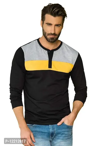 LEWEL Men's Full Sleeve Hanley T-Shirt (Black, Grey, Yellow) Large-thumb0