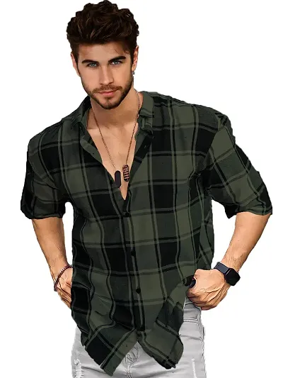 LEWEL Men's Stylish Checkered Buttoned Down Collared T-Shirt (Olive, X-Large)