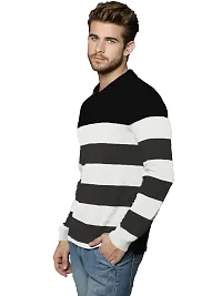 LEWEL Men's Stylish Cotton Striped Polo Neck T-Shirt (White, Black; Small)-thumb1