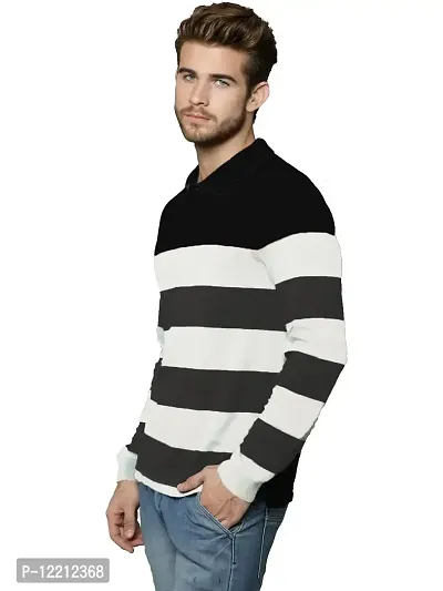 LEWEL Men's Stylish Cotton Striped Polo Neck T-Shirt (White, Black; Small)-thumb2