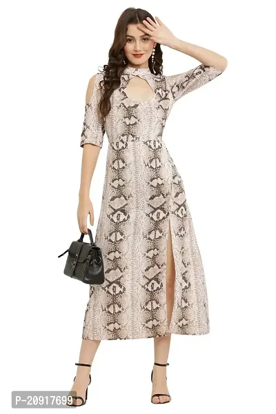 Ivaani Women's Printed Mandarian Cold Shoulder 3/4 Sleeve Front Slit A line Maxi Dress for Women and Girls-DS-102-CR/XL Cream-thumb0