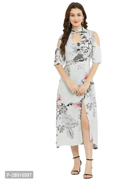 Ivaani Women's Printed Mandarian Cold Shoulder 3/4 Sleeve Front Slit A line Maxi Dress-thumb0