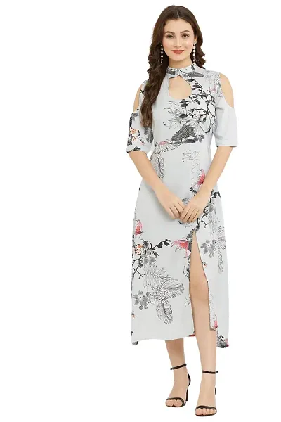 Ivaani Women's Printed Mandarian Cold Shoulder 3/4 Sleeve Front Slit A line Maxi Dress