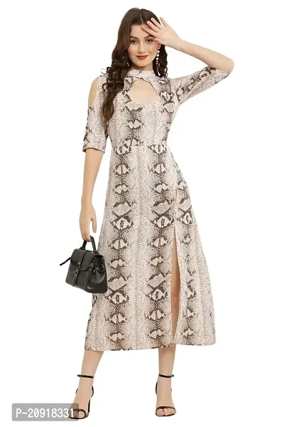 Ivaani Women's Creame Color Printed Mandarian Cold Shoulder 3/4 Sleeve Front Slit A line Maxi Dress