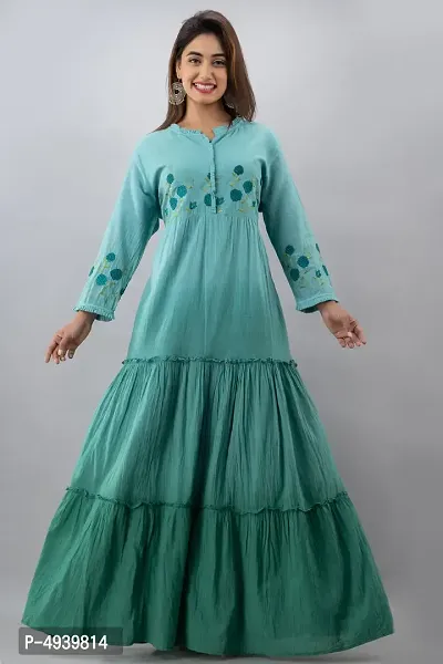 Stylish Cotton Green Embroidered Flared Anarkali Kurta For Women