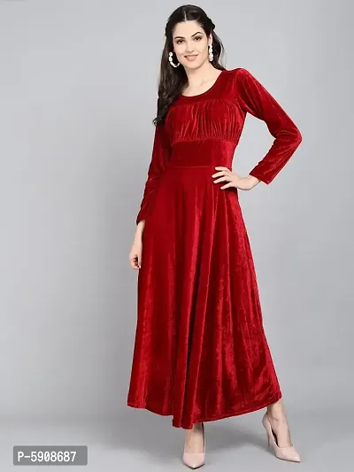 Maroon Chest Gathered Plain Velvet Dress-thumb0