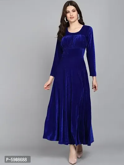 Royal Blue Chest Gathered Plain Velvet Dress-thumb0