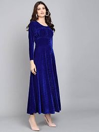 Royal Blue Chest Gathered Plain Velvet Dress-thumb1
