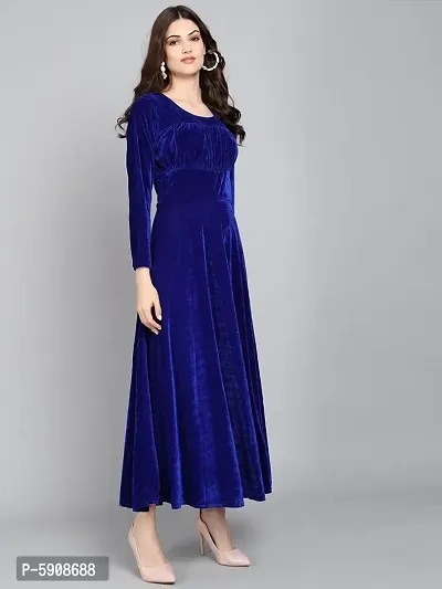 Royal Blue Chest Gathered Plain Velvet Dress-thumb2